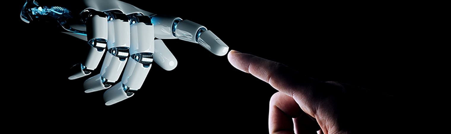 A robotic hand and a human hand meeting fingertip to fingertip